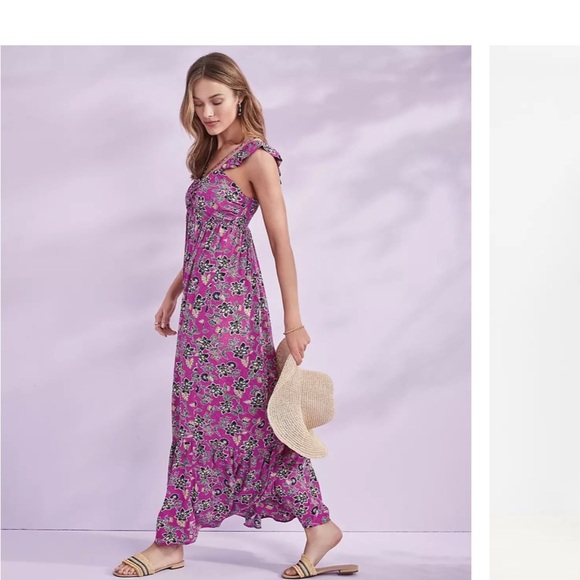 LOFT Purple/pink  Clover Hibiscus Ruffle Midi Halter Dress Sz. 4 Cottage Core - Picture 10 of 11